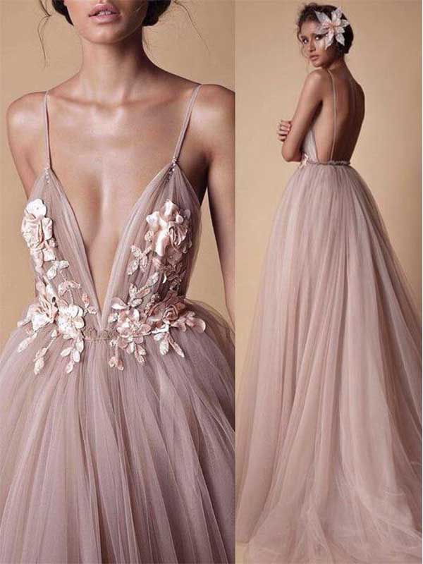 Sexy Spaghetti Straps Deep V-neck Tulle Wedding Dress, WD0456