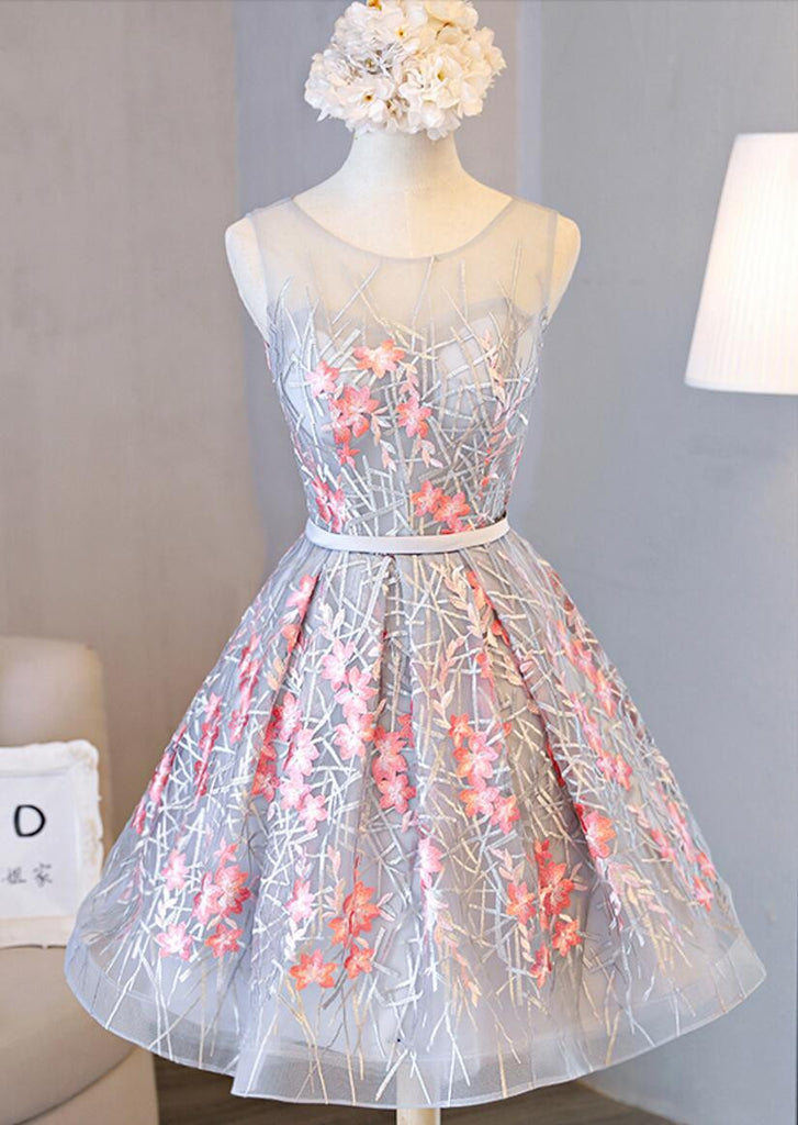 Junior Cute Sleeveless Clairvoyant Outfit Keyhole Lace Up Back Organza Full Appliques Homecoming Dress,BD0133