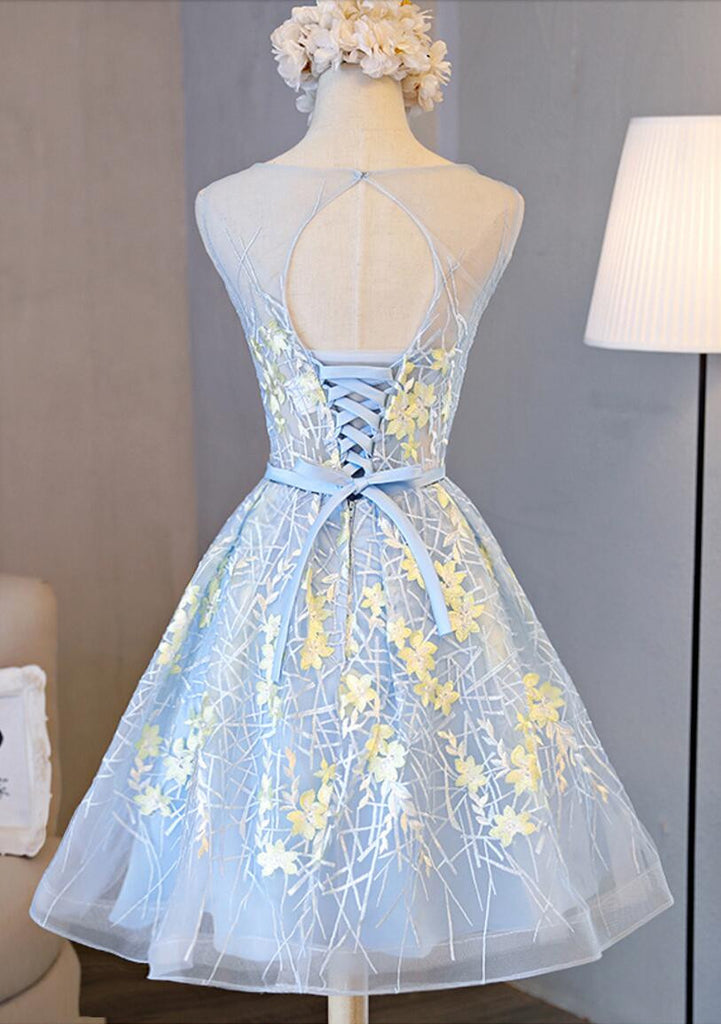 Junior Cute Sleeveless Clairvoyant Outfit Keyhole Lace Up Back Organza Full Appliques Homecoming Dress,BD0133