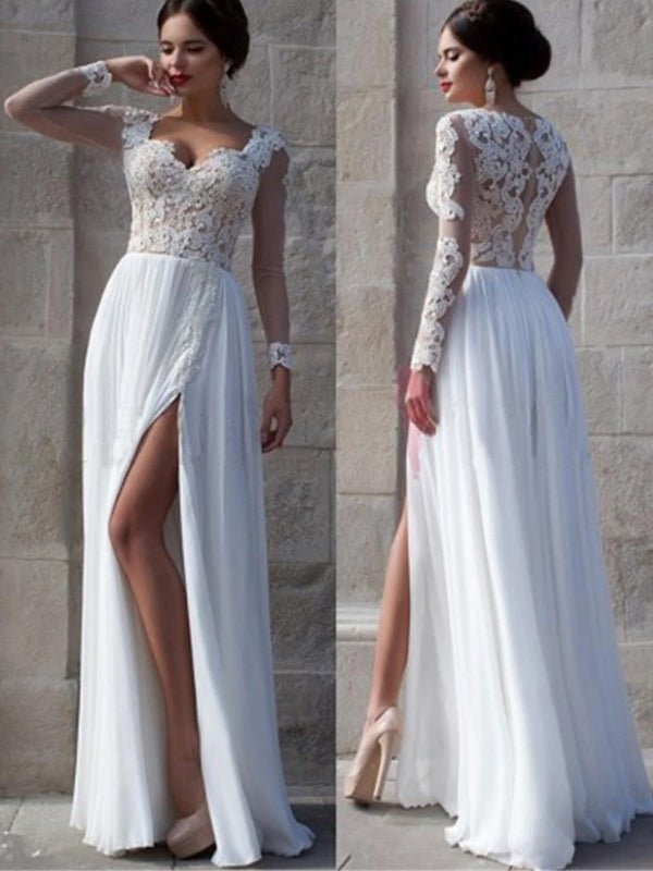 Charming Long Sleeve White Lace Top Chiffon Side Split Long A-line Wedding Party Prom Dresses,PD0072