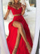Two Piece Bright Red Off Shoulder Spaghetti Straps High Side Split Prom Dresses,PD0126
