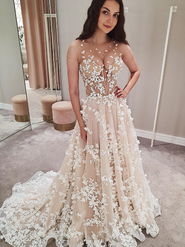 Sexy V-Neck Sleeveless See-through Lace Long Wedding Dresses.DB10037 DaintyBridal Sexy V-Neck Sleeveless See-through Lace Long Wedding Dresses.DB10037 DaintyBridal