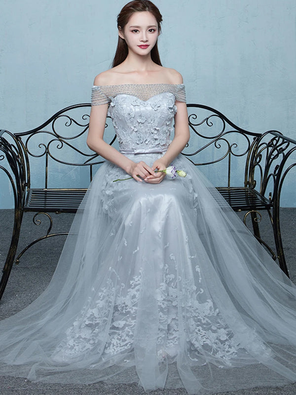 Elegant Grey Off Shoulder Beading Lace Appliques Vintage Lace Up A-line Long Prom Dresses. DB1028