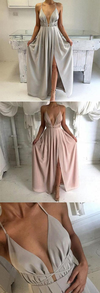 Long Spaghetti Strap Deep V-neck High Split Side Backless Sleeveless Popular Tie Prom Dress,PD0024