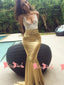 Sexy Spaghetti Strap Halter Mermaid Gorgeous White Lace Gold Long Prom Gown Dresses. DB1049