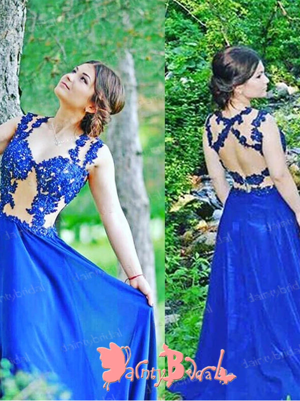 Charming Royal Blue Lace Sexy Open Back Sleeveless V-neck  Long  A-line Prom Gown Dresses. DB1037