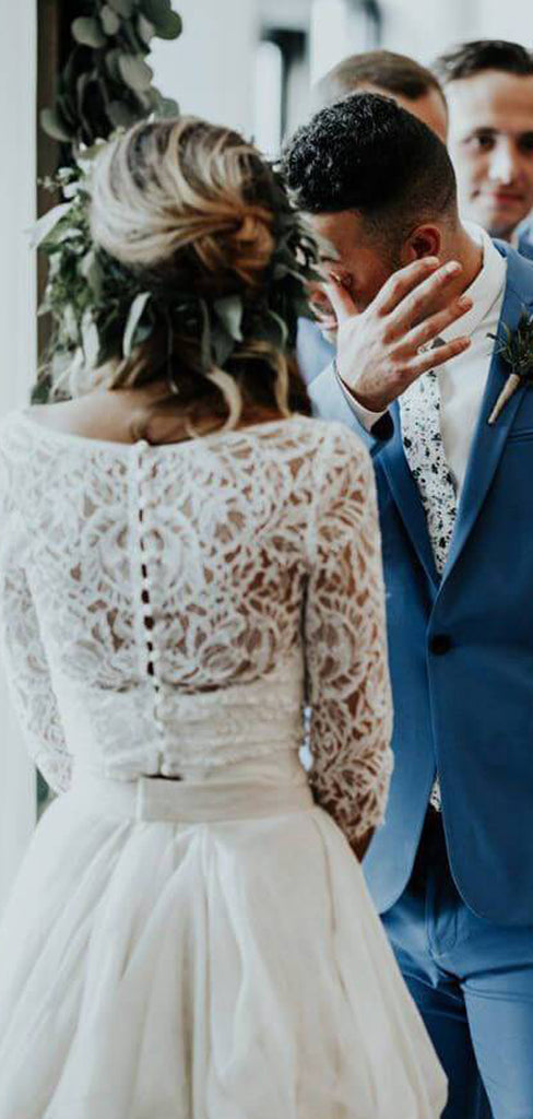 Simple V-neck Lace Chiffon 3/4Sleeves Long Two-piece Wedding Dresses.DB10472