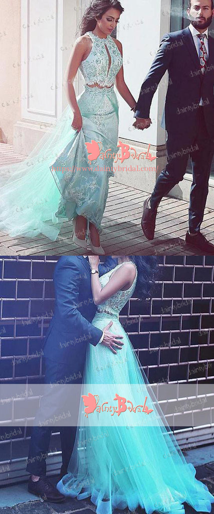 Two Pieces  Tiffany Blue Lace A-line Sleeveless Unique Neck Elegant Long Prom Dresses. DB1046