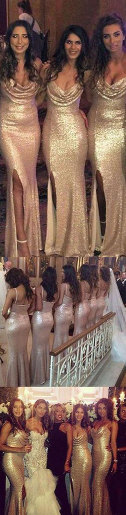 Sexy Sparkly Sequin Mermaid Side Split Cowl Spaghetti Strap Long Wedding Party Bridesmaid Dresses, WG26