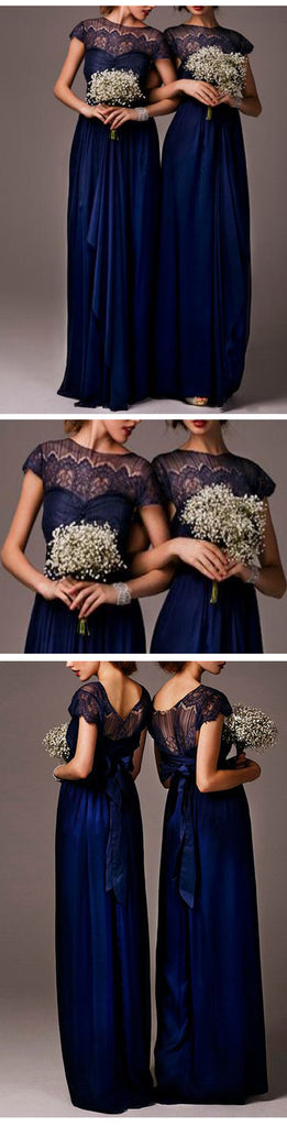 Elegant Royal Blue Cap Sleeve  Empire Waist  Top Clairvoyant Outfit Lace  Long Column Bridesmaid Dresses, WG030