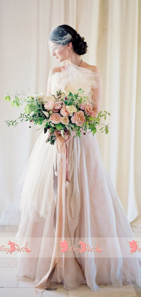 Unique Design Strapless A-line Blush Pink Chiffon Beach Wedding Dresses,DB0144