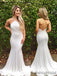 Simple Open Back With Train Double FDY Fabric  White mermaid backless long prom dress, white evening dress.DB10021