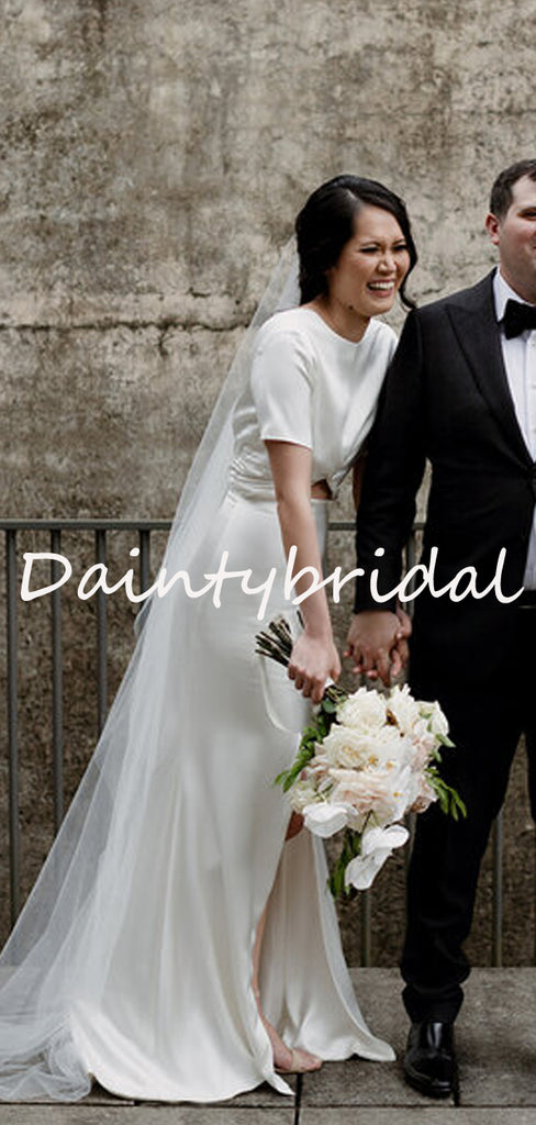 Simple Round Neck Short Sleeve Slit Long Wedding Dresses Evening Dresses.DB10713