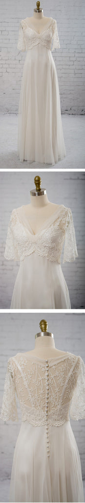 Vintage Column V-neck Half Sleeve Spaghetti Strap Clairvoyant Outfit Lace Top Wedding Party Dresses, WD0037
