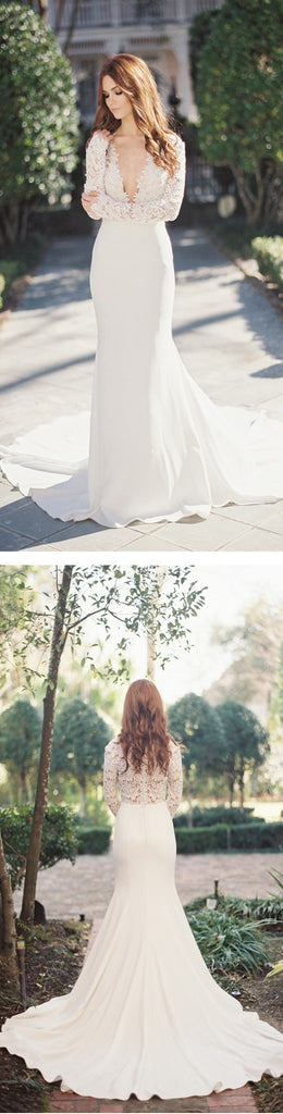 Elegant Sexy Deep V-Neck Long Sleeve Lace Top Mermaid Sweep Trailing Wedding Party Dresses, WD0038