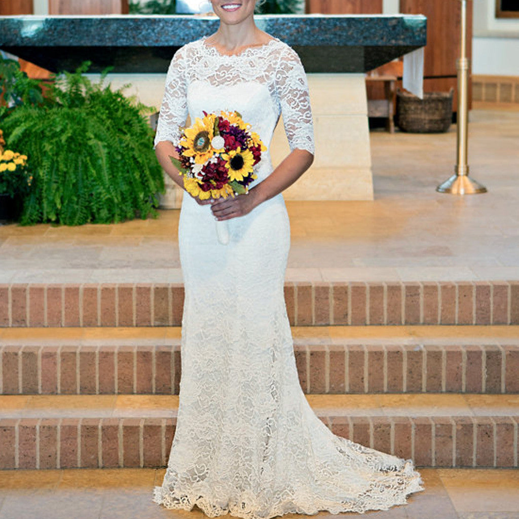Half Sleeve Round Neck Open Back Sexy Mermaid Full Lace Sweep Trailing Wedding Party Dresses, WD0039