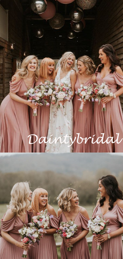 Spaghetti Strap V-neck Side Slit Simple Long Bridesmaid Dresses.DB10829
