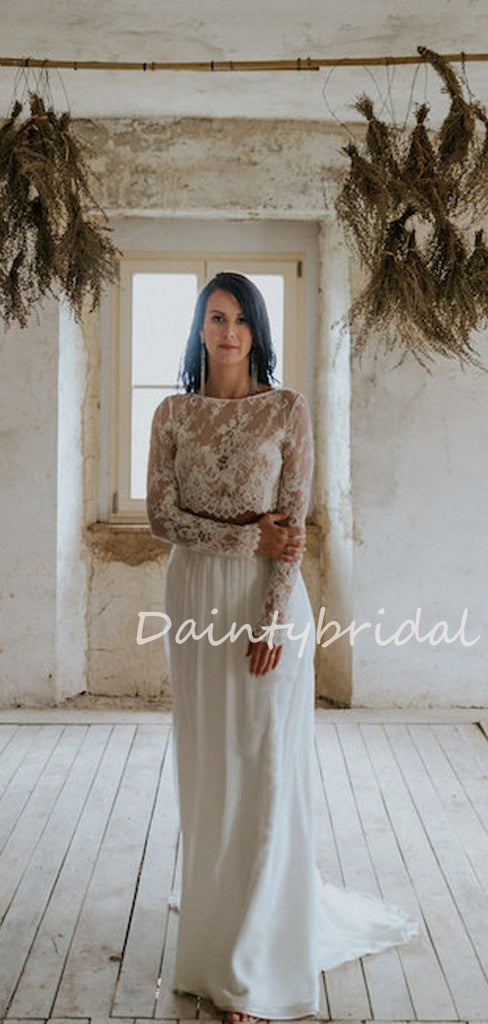 Simple Sexy Mermaid Lace Chiffon See-through Two-piece Evening Party Long Wedding Dresses, DB10694