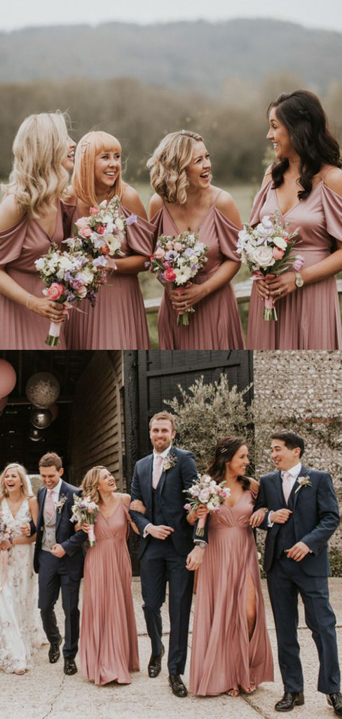 Spaghetti Strap V-neck Side Slit Simple Long Bridesmaid Dresses.DB10829