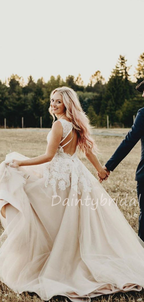 New Arrival V-neck Lace Tulle Sleeveless A-line Long Wedding Dresses.DB10474