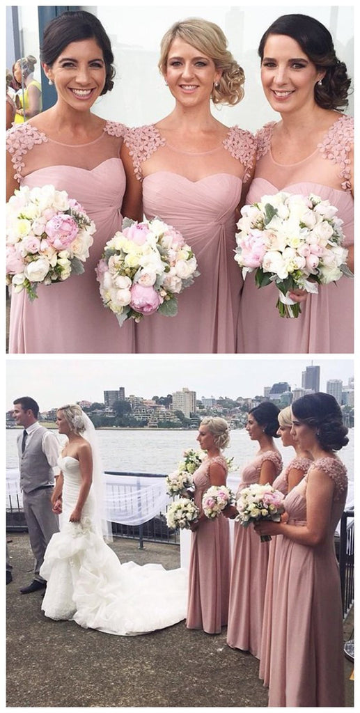Pretty Handmade Flowers Yard Pleats Sweetheart Charming Column Chiffon Scoop Neck Bridesmaid Dresses, WG42