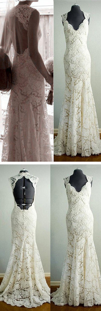 Vintage Beige Lace Open Back Queen Anne Long Column Full Lace Sweep Trailing Wedding Party Dresses, WD0042
