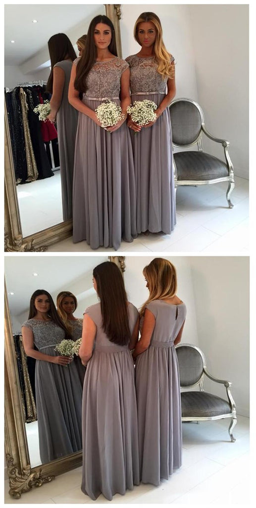 Vintage Cap Sleeve Lace A Line Grey Floor-Length Chiffon Wedding Guest Bridesmaid Dresses For Maid of Honor, WG44