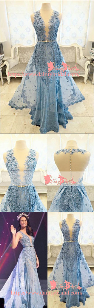 Fashion Blue Lace With Beading Sleeveless Split Neck Illusion Back A-line Long Prom Dresses. DB1048