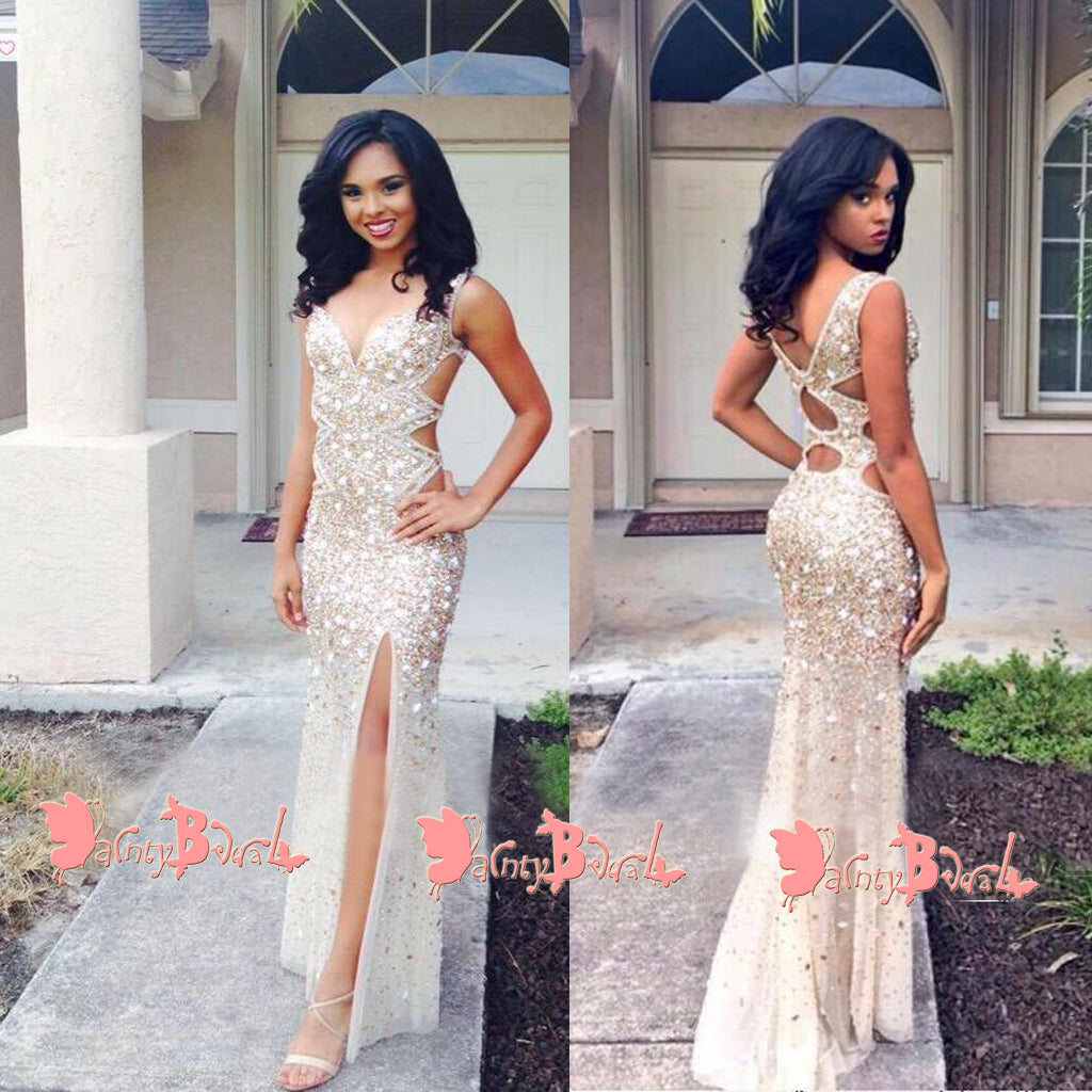 Stunning Sparkly Rhinestone Gold Sequins With High Side Split Sexy Party Prom Dresses. DB1050