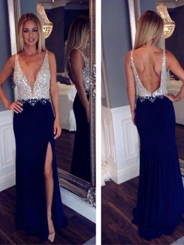 Long Custom Deep V-neck Open Back Side Slit Fashion Newest Sexy Charming Prom Dress,PD0088