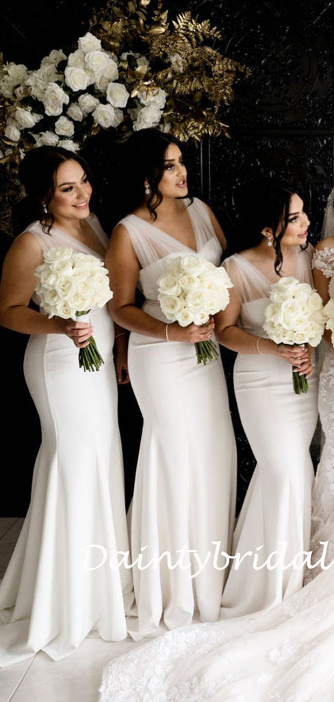 Simple Sweetheart V-neck Tulle Mermaid White Long Bridesmaid Dresses,DB094