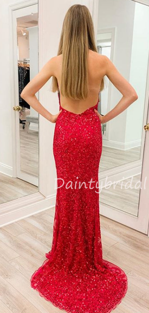 Sexy V-neck Mermaid Halter Open Back Fashion Prom Dresses Evening Dresses.DB10495