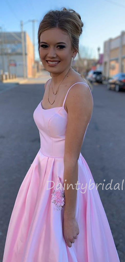 Sexy Spaghetti Strap A-line Satin Long Prom Dresses Evening Dresses With Pocket.DB10445