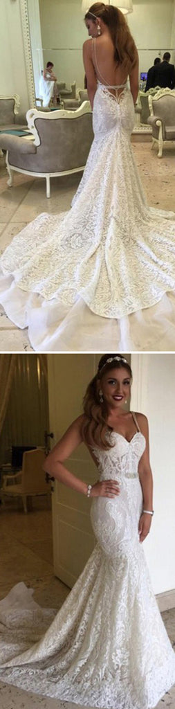 Sexy Mermaid Spaghetti Strap Sweetheart Backless Full Lace Chapel Trailing Wedding Party Dresses, WD0053
