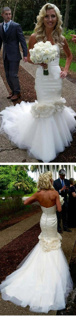 Sexy Sweetheart Strapless Mermaid Tulle Sweep Trailing Unique Handmade  Appliques Wedding Party Dresses ,WD0054