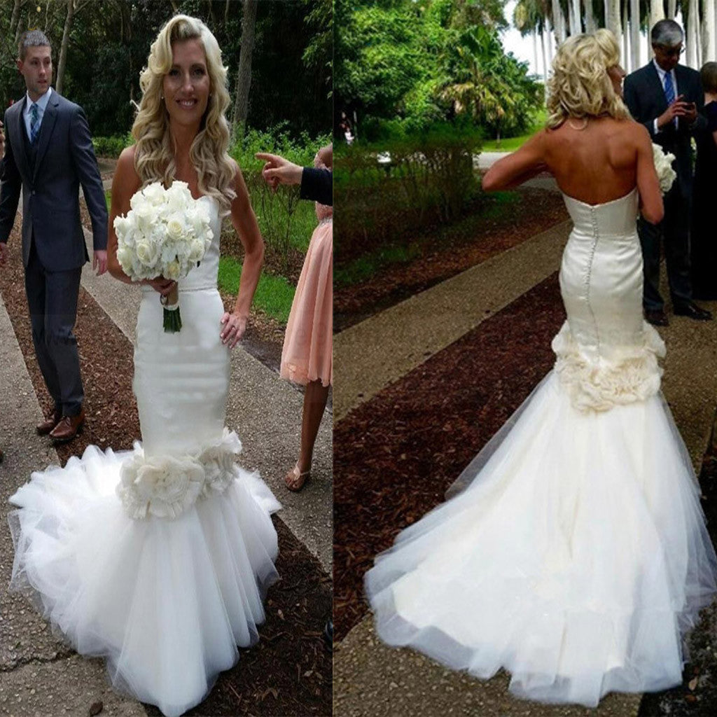 Sexy Sweetheart Strapless Mermaid Tulle Sweep Trailing Unique Handmade  Appliques Wedding Party Dresses ,WD0054