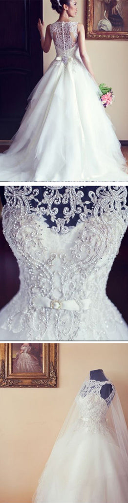 High Quality Long A-line Lace Sleeveless Bateau Neck Clairvoyant Outfit Back Wedding Dresses with Pearls, WD0056