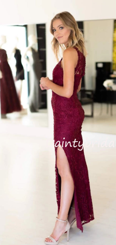 Charming Sleeveless Side Slit Lace Long Prom Dresses Evening Dresses.DB10506