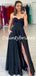 Sexy Black Sweetheart Side Slit A-line Satin Prom Dresses Evening Dresses.DB10791