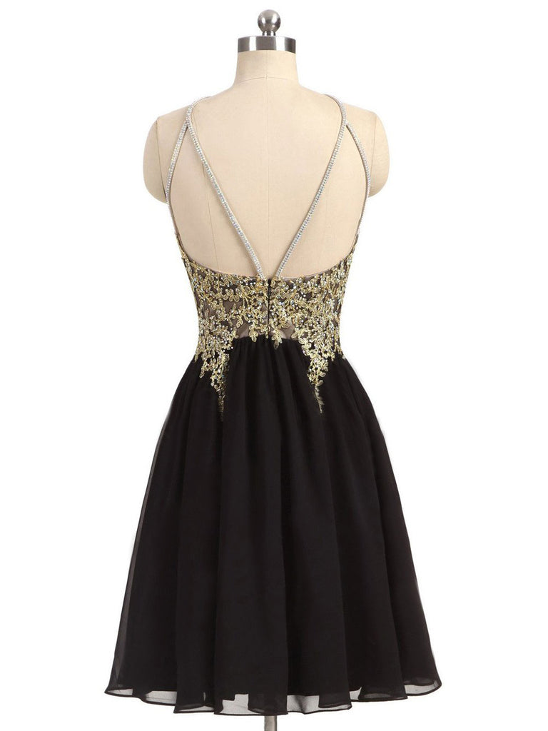Newest Unique Beading Halter Lace Appliques Top  Black Chiffon Skirt Open Back Homecoming Dress,BD0141