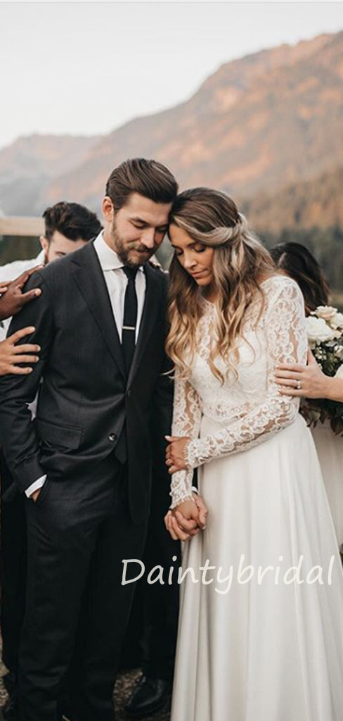 Elegant Scoop Neck Tulle Lace Two Piece Long Sleeves Vatage Wedding Dresses.DB10407