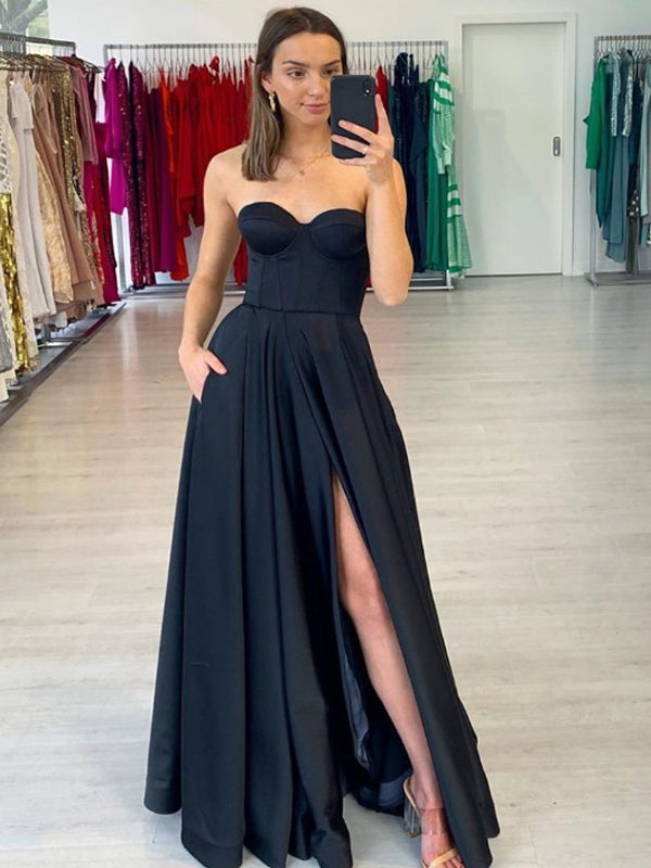 Sexy Black Sweetheart Side Slit A-line Satin Prom Dresses Evening Dresses.DB10791