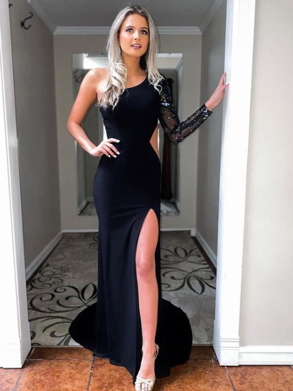 Mermaid One-shoulder Side Slit Long Sleeve Prom Dresses Evening Dresse DaintyBridal Mermaid One-shoulder Side Slit Long Sleeve Prom Dresses Evening Dresse DaintyBridal