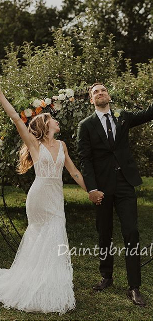 Mermaid V-Neck Tulle Lace See-through Wedding Dresses.DB10409