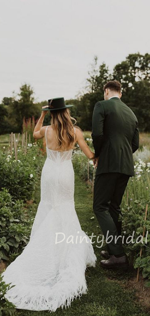 Mermaid V-Neck Tulle Lace See-through Wedding Dresses.DB10409