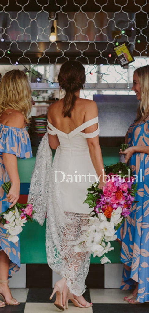 Sexy Straight Off-shoulder Lace Mermaid With Train Long Wedding Dresses.DB10644