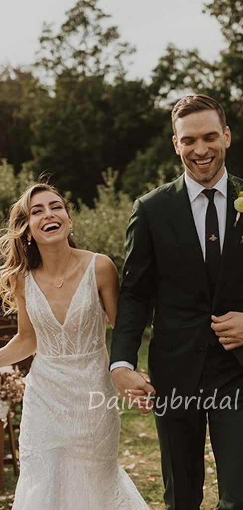 Mermaid V-Neck Tulle Lace See-through Wedding Dresses.DB10409