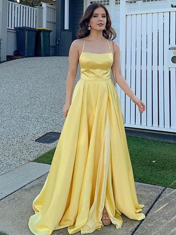 Charming Spaghetti Strap A-line Satin Side Slit Long Prom Dresses.DB10 DaintyBridal Charming Spaghetti Strap A-line Satin Side Slit Long Prom Dresses.DB10 DaintyBridal