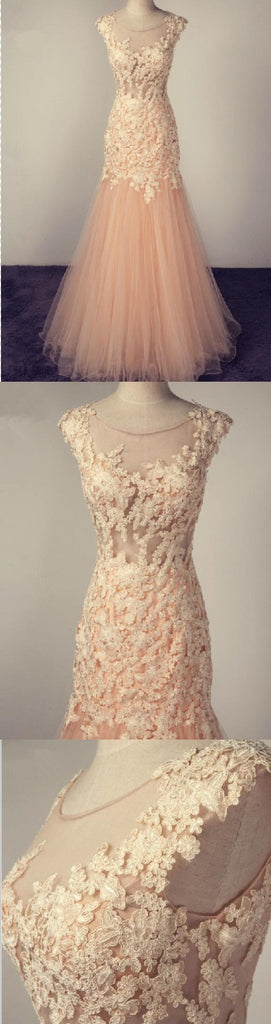 Long A-line Pink Cap Sleeve Scoop Neck Tulle With Lace Appliques Prom Dresses,PD0138