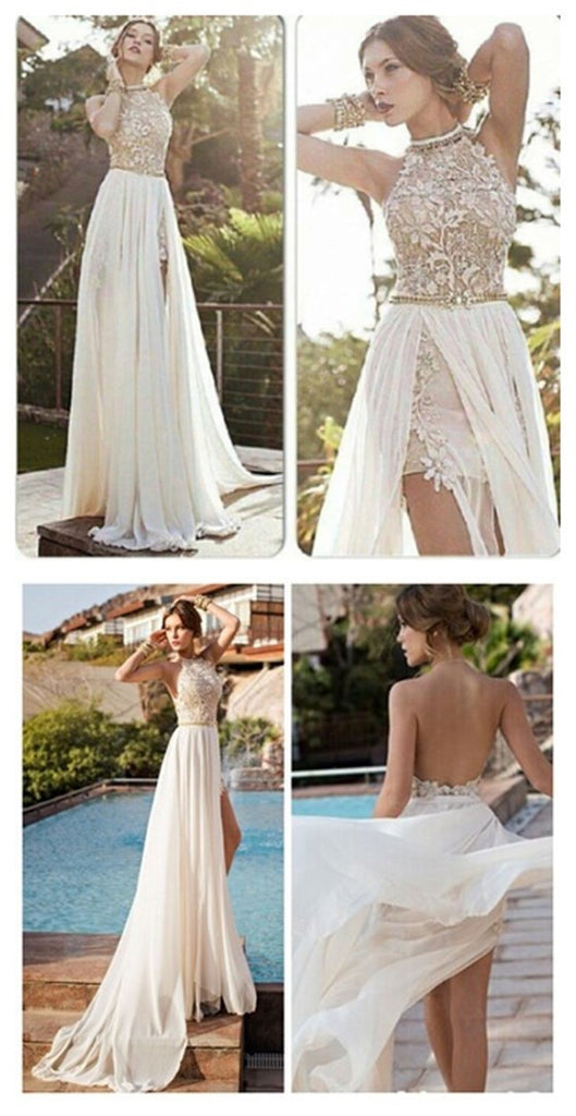 Charming Popular Backless Sexy Side Split Lace Beading Chiffon Wedding Party Prom Dresses, PD0018
